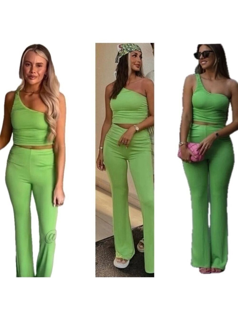 Zara neon green high waisted ruched stretchy pull-on flare pants Sz S NWT